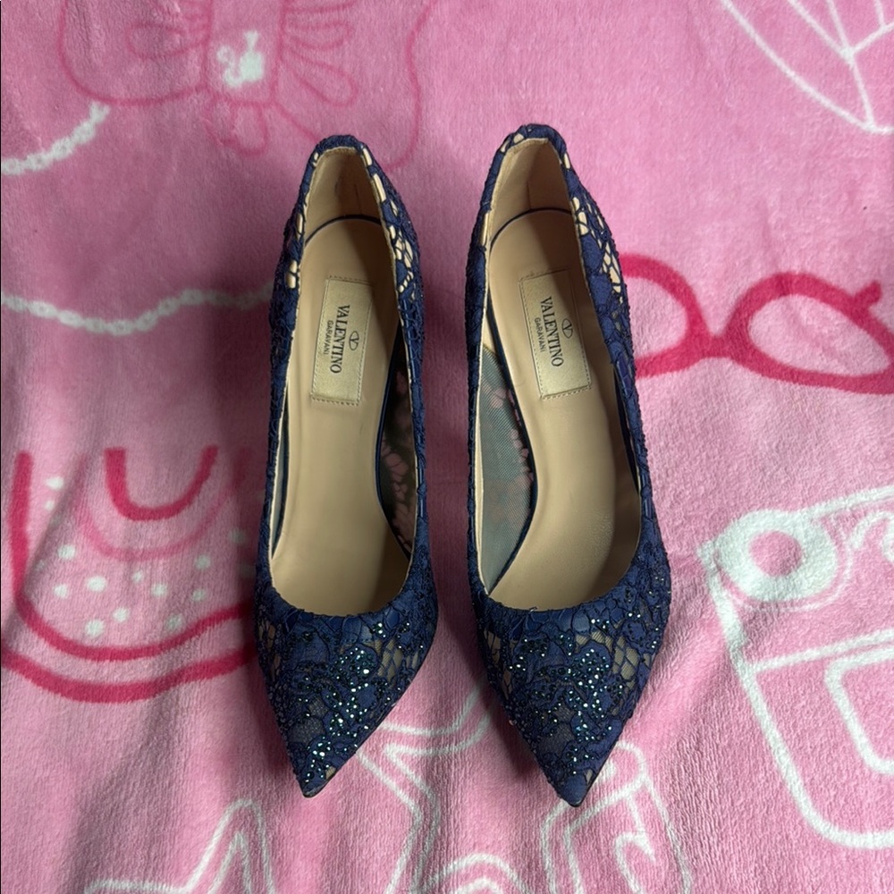 Valentino Blue Glitter Heels Elegant Pointed Toe